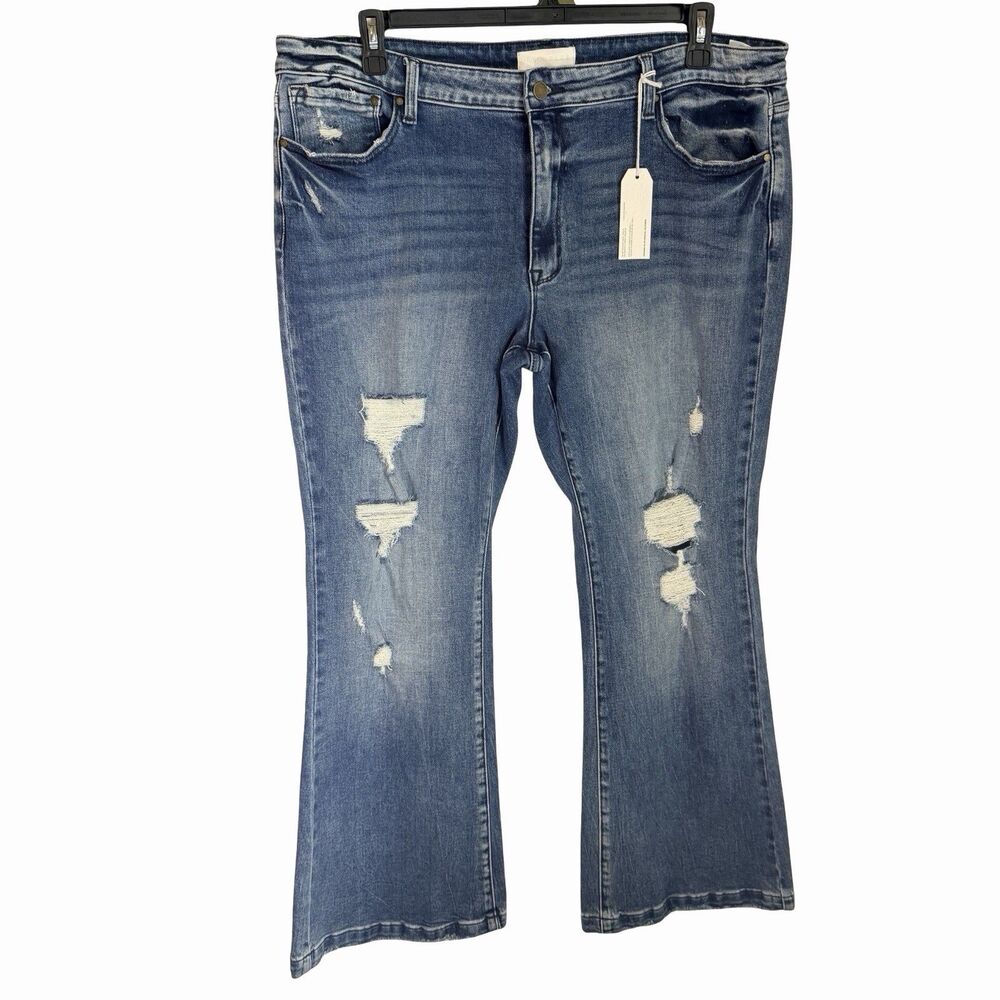 PETRA153 Denim Flare Jeans Women's 20W Dark Wash Bootcut Destroyed Stretch NEW